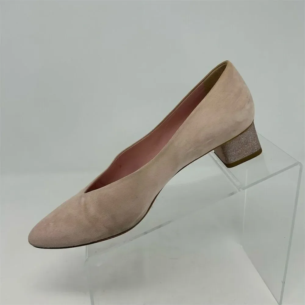 Everlane Women's V Sparkle Heeled Light Blush Pink Suede Block Pumps Size 7